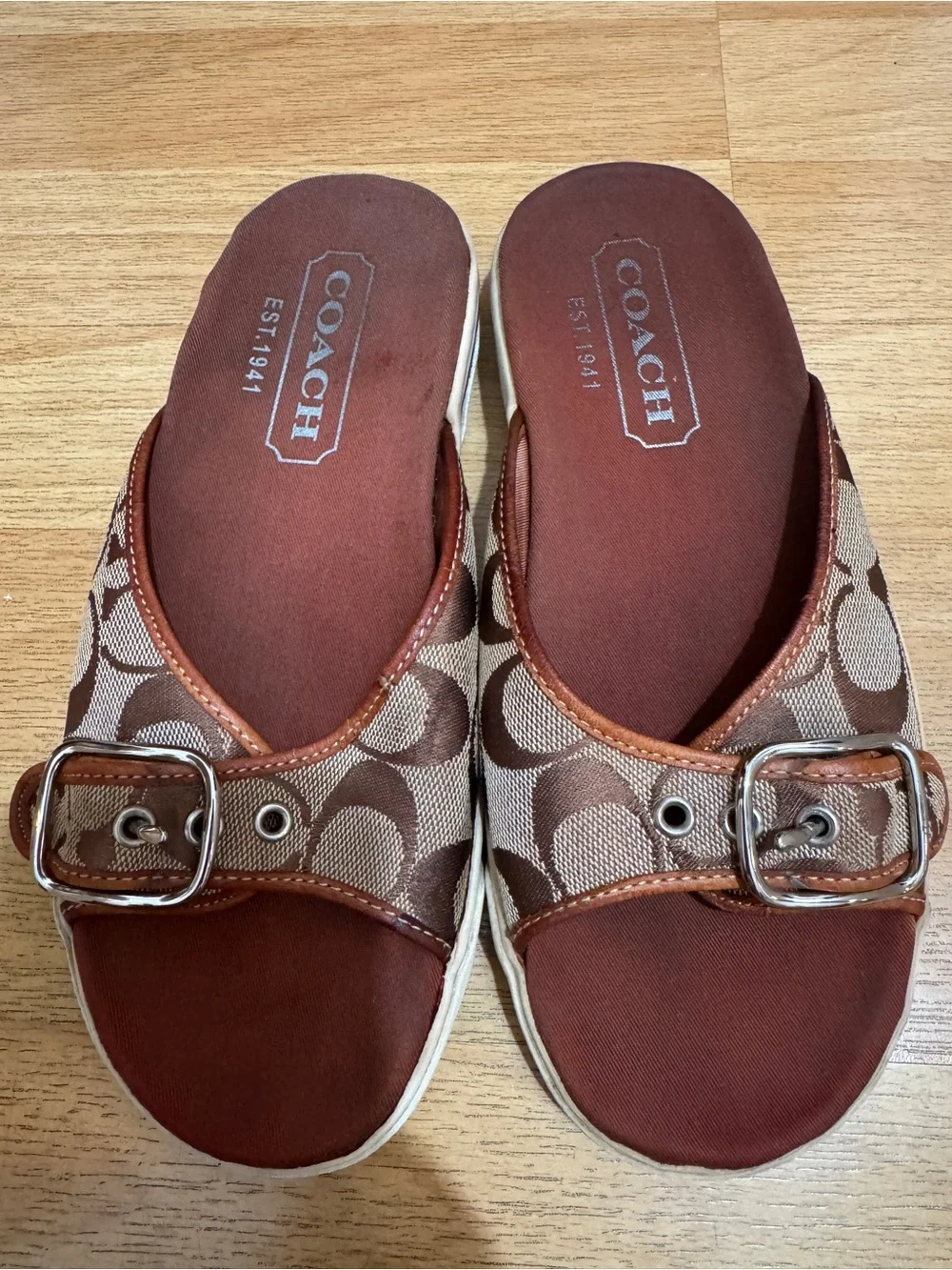 Coach Brown Signature Logo Buckle Slide Sandals 6.5